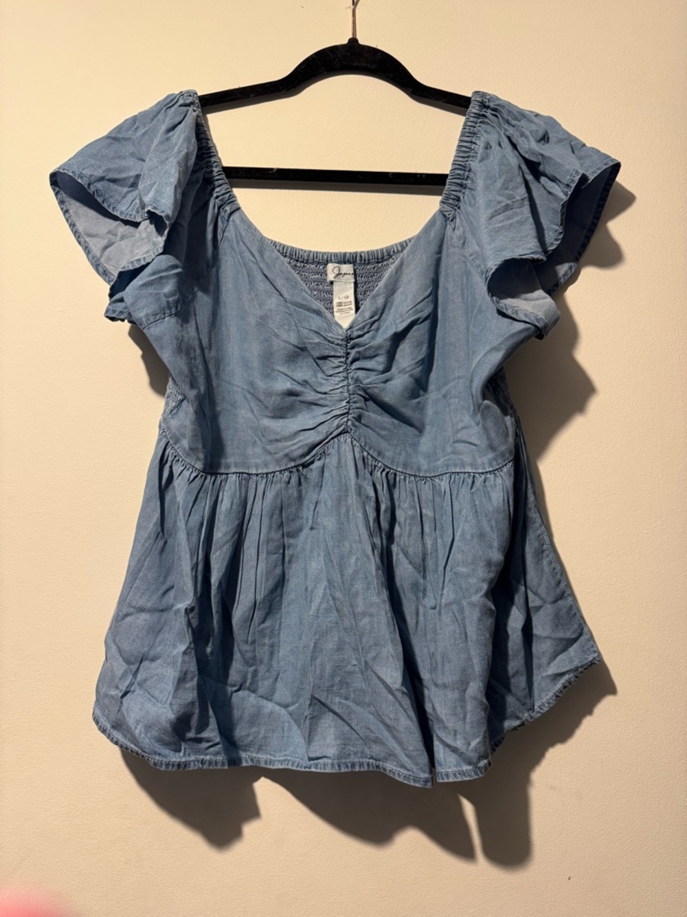 Light Blue Women's Peasant Top with Ruching